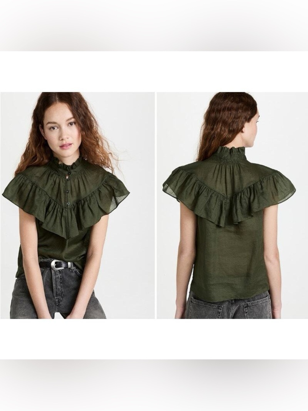 Frame Ruffle Flounce Top in Fatigue Green Preppy Career Office